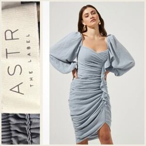 ASTR The‎ Label Mini Dress Womens Small Blue Ruched Square Neck Puff Sleeve